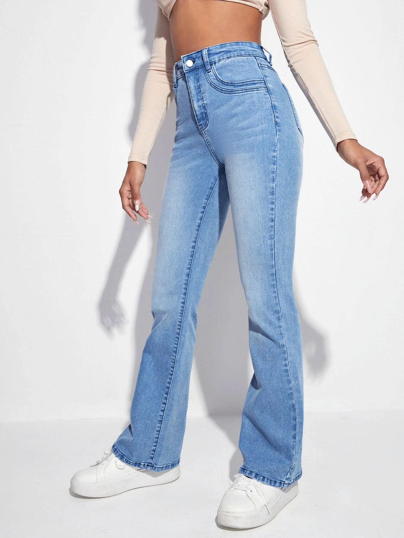 Custom Jeans Supplier High Waist Bleach Wash Flare Leg Jeans