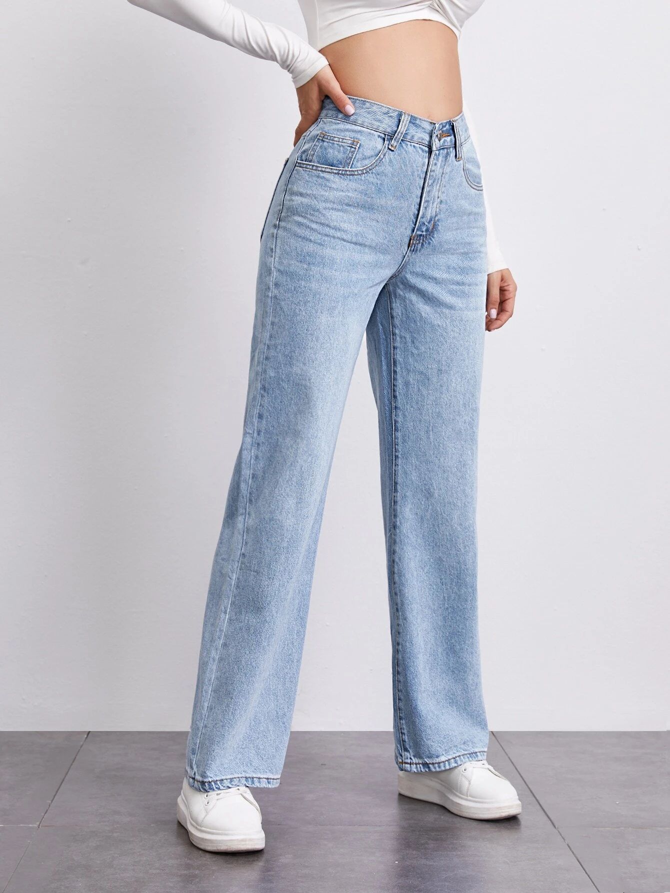 Custom Jeans Supplier Women Zip Fly Wide Leg Jeans